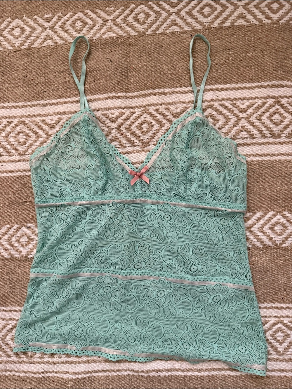 Vintage Y2K Eberjey Romantic Mint Green Lace Camisole Pink Bow Adjustable M/L